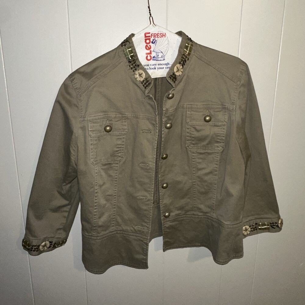 Ruby Rd. Women’s Petite Green Button Front Studded Jacket w/ Pockets 14P